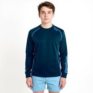 Reebok boys training shirt long sleeve play dry black with blue stitching Size L